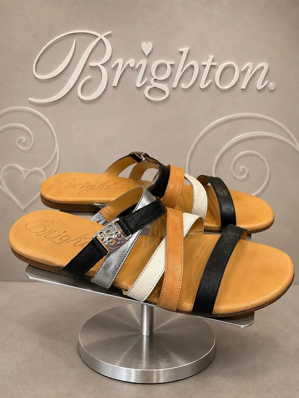 Brighton Capri Multicolor Leather Strappy Slide Sandals Black Tan Silver 9M